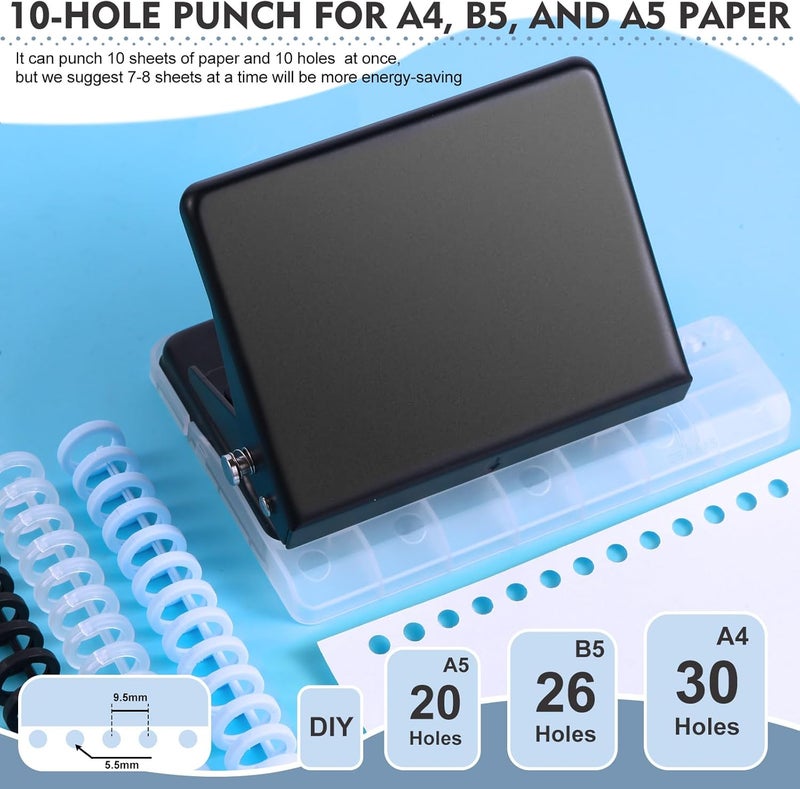 CAETOUNG 10 Hole Punch Binding Machine for Planner, Metal Binder Machine Kit with 10Pcs Plastic Comb Binding Spines & 30Pcs Loose Leaf Binder Rings, Binder Hole Puncher for A4, A5 and B5 Paper - Image 3
